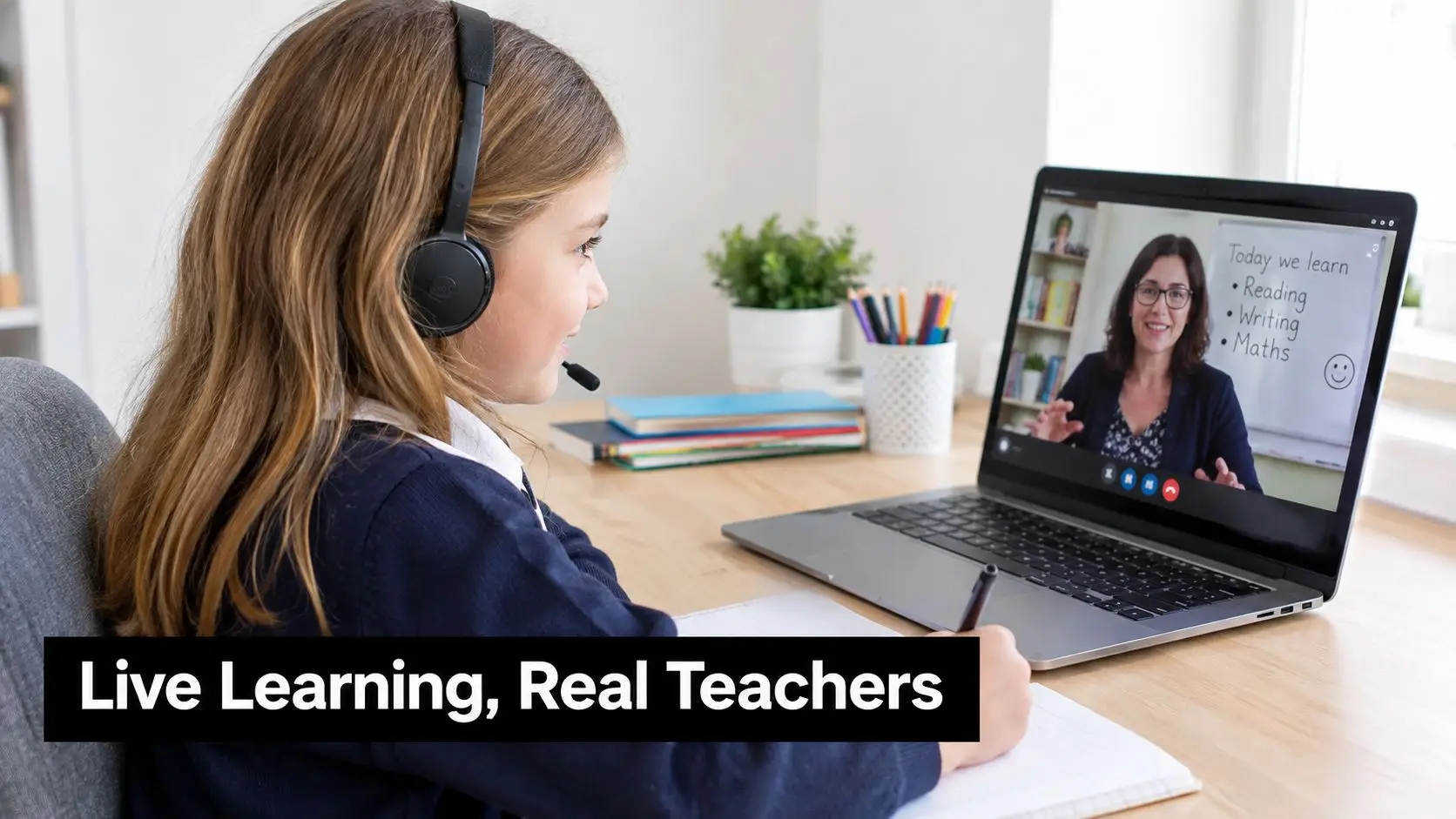 A young girl with headphones sits at a desk participating in an online lesson with a teacher.