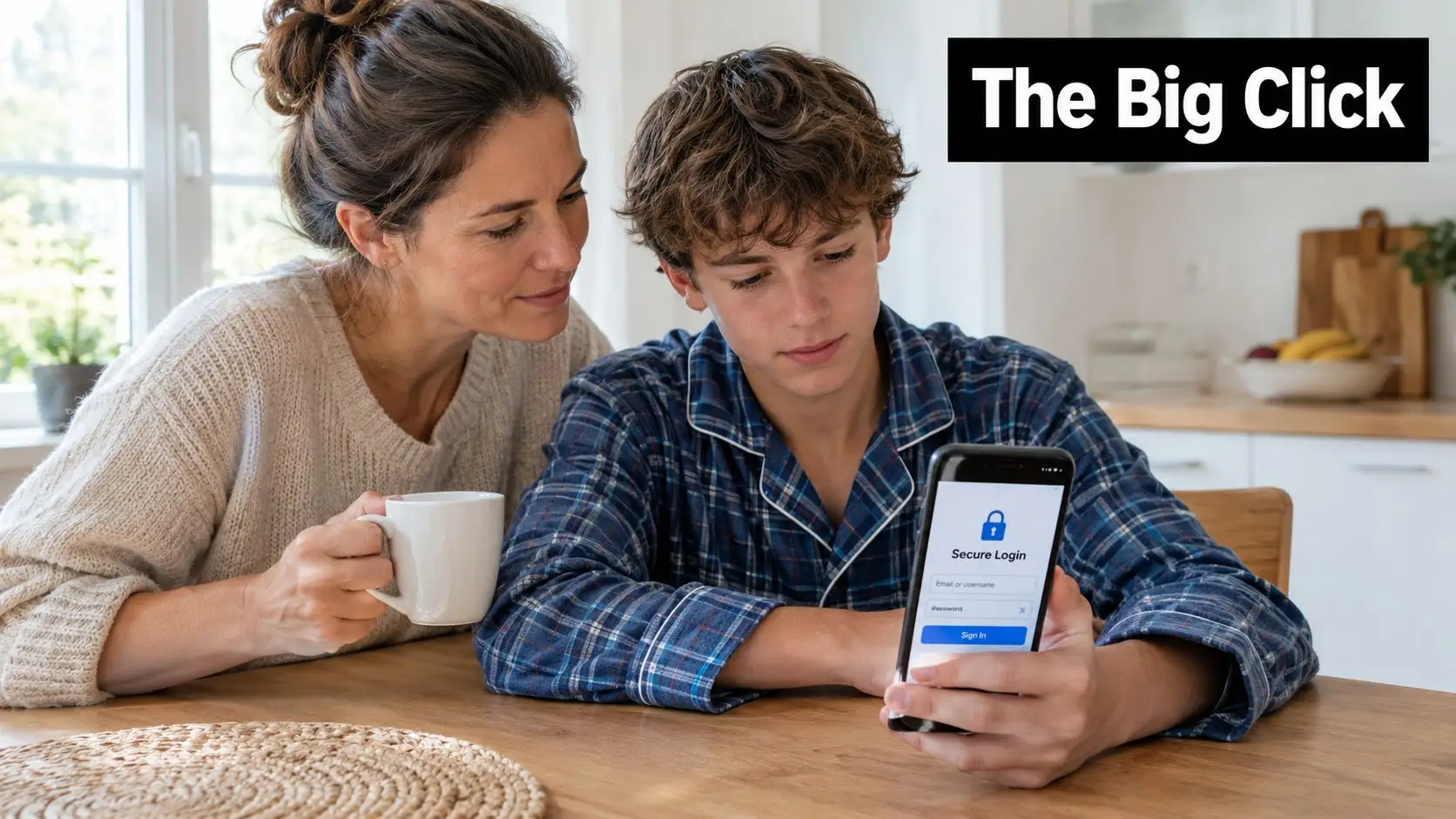 A mother and her teenage son sitting at a table together while looking at a mobile phone.