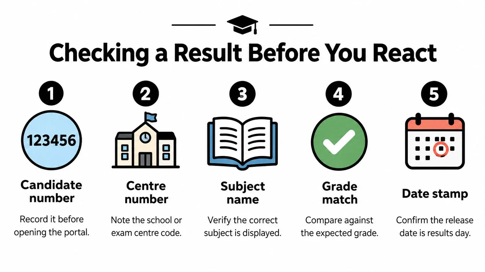An infographic titled Checking a Result Before You React, outlining five essential verification steps for students.