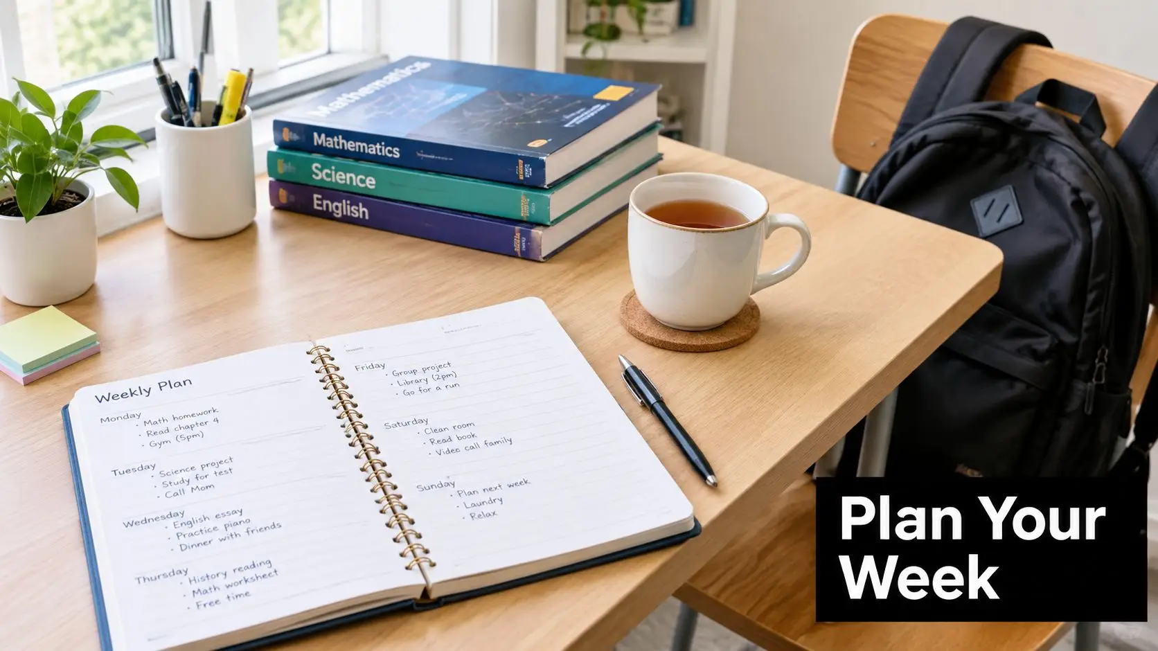 A tidy desk with study books, a weekly planner, a cup of tea, and a black backpack.