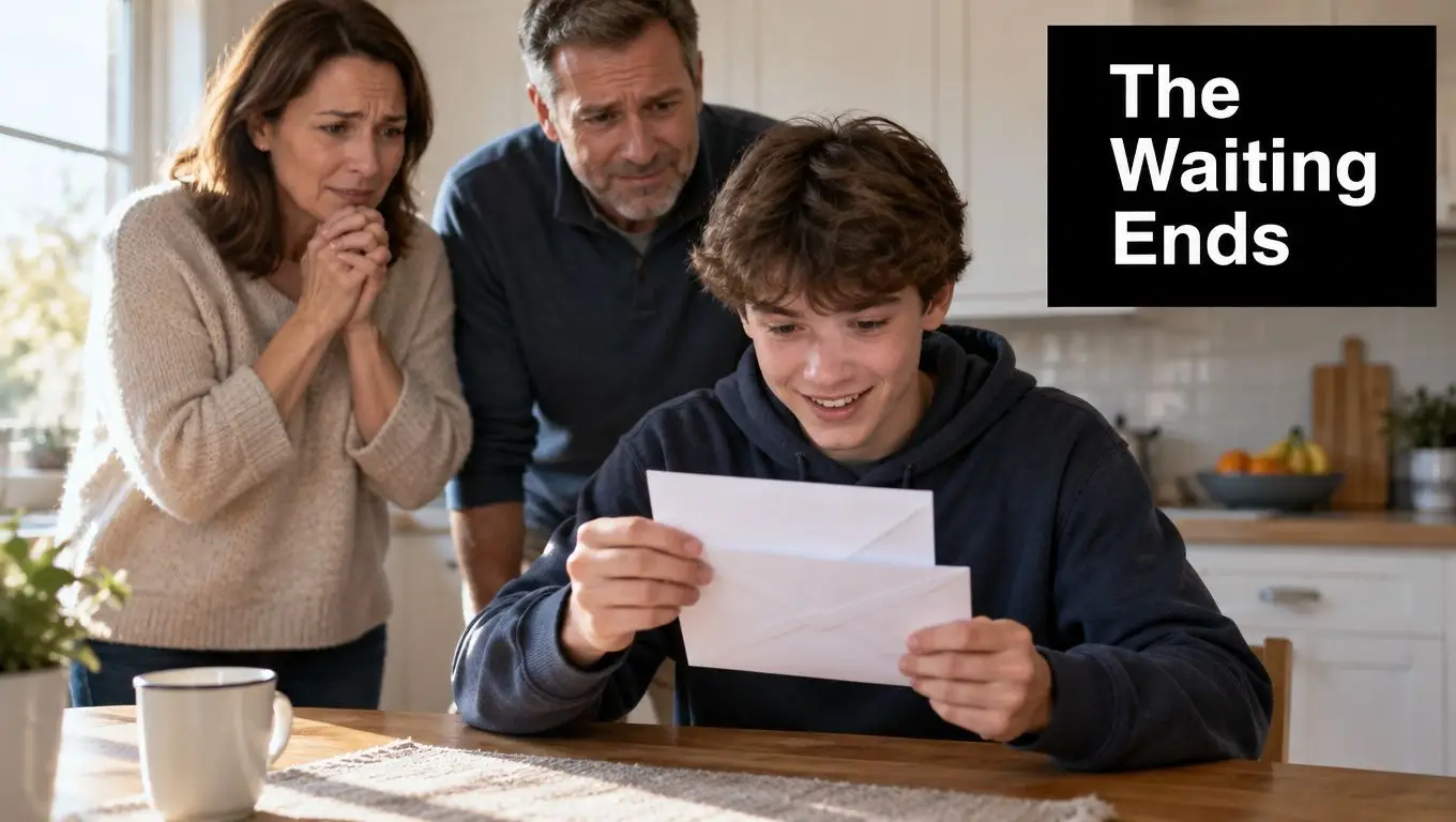 A teenage boy opens a letter while his parents look on with hopeful and anxious expressions nearby.