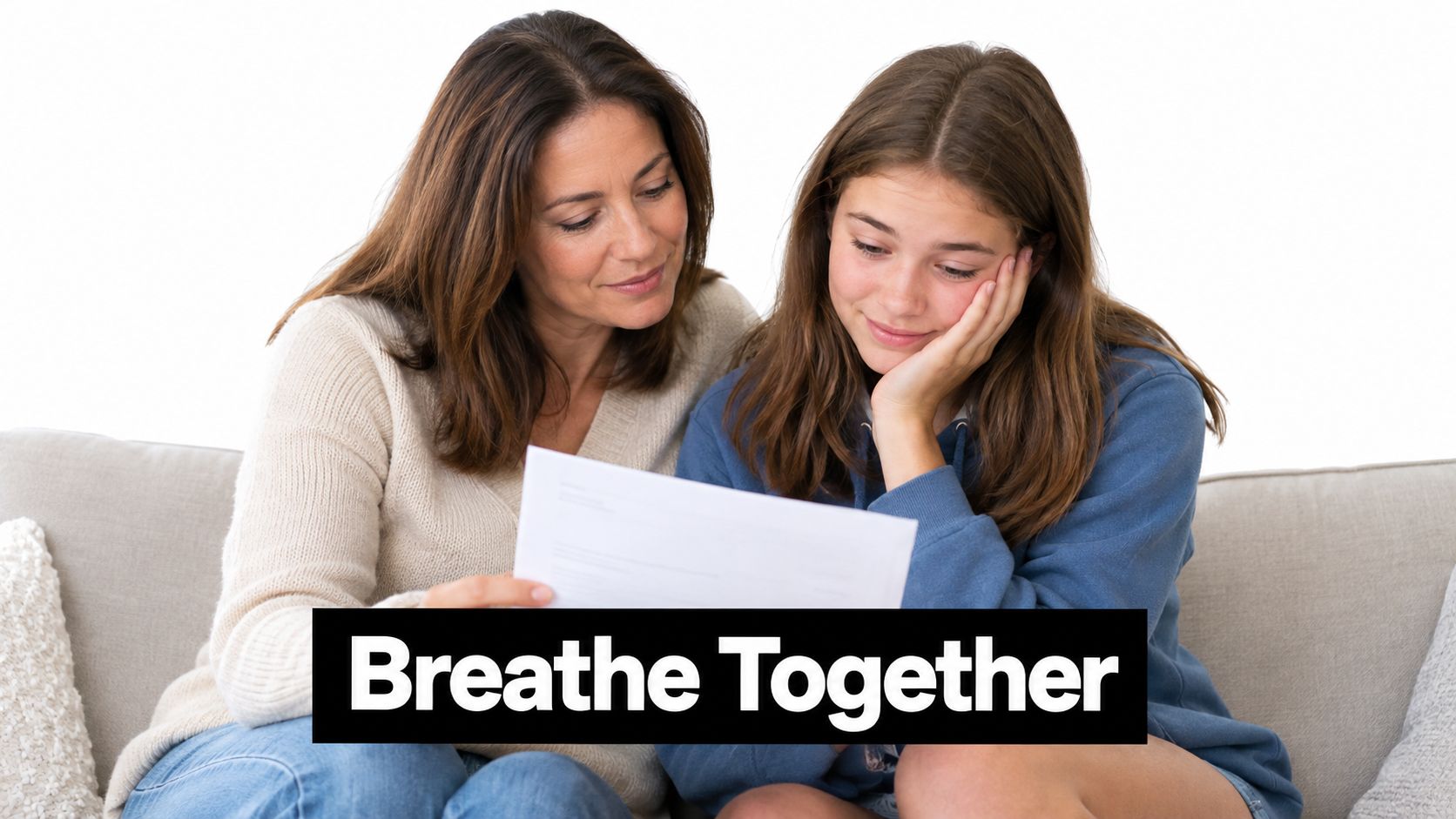 A mother sitting on a couch with her daughter as they look at exam results together.