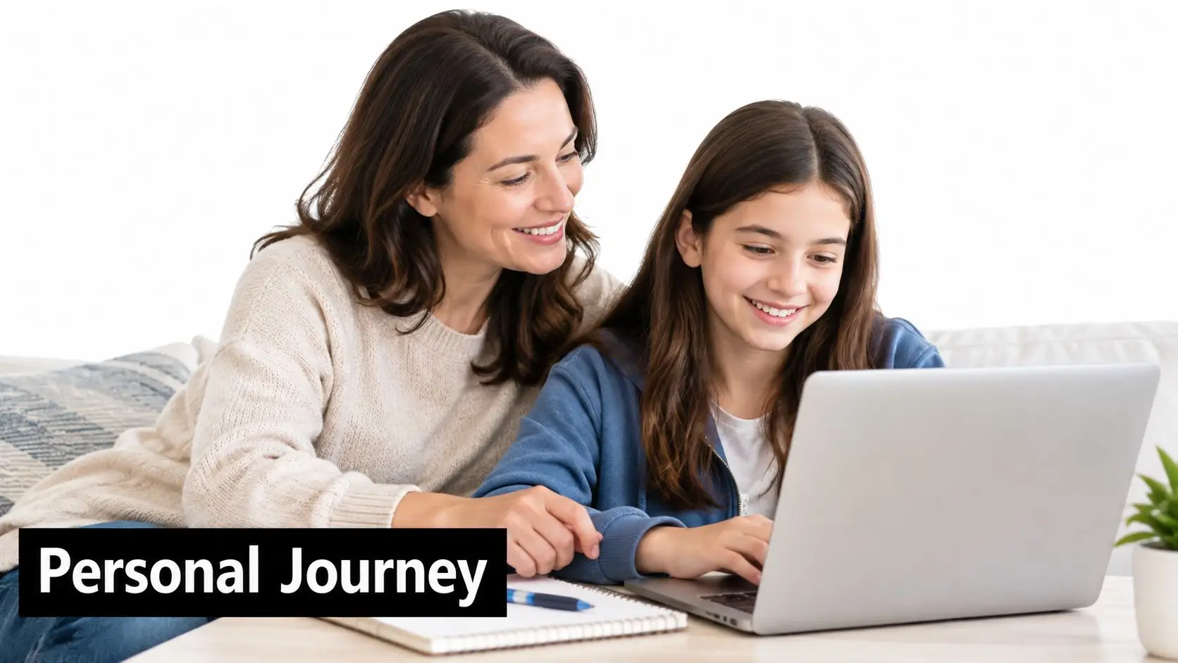 A mother and daughter sitting together at a table, happily using a laptop for online schoolwork.