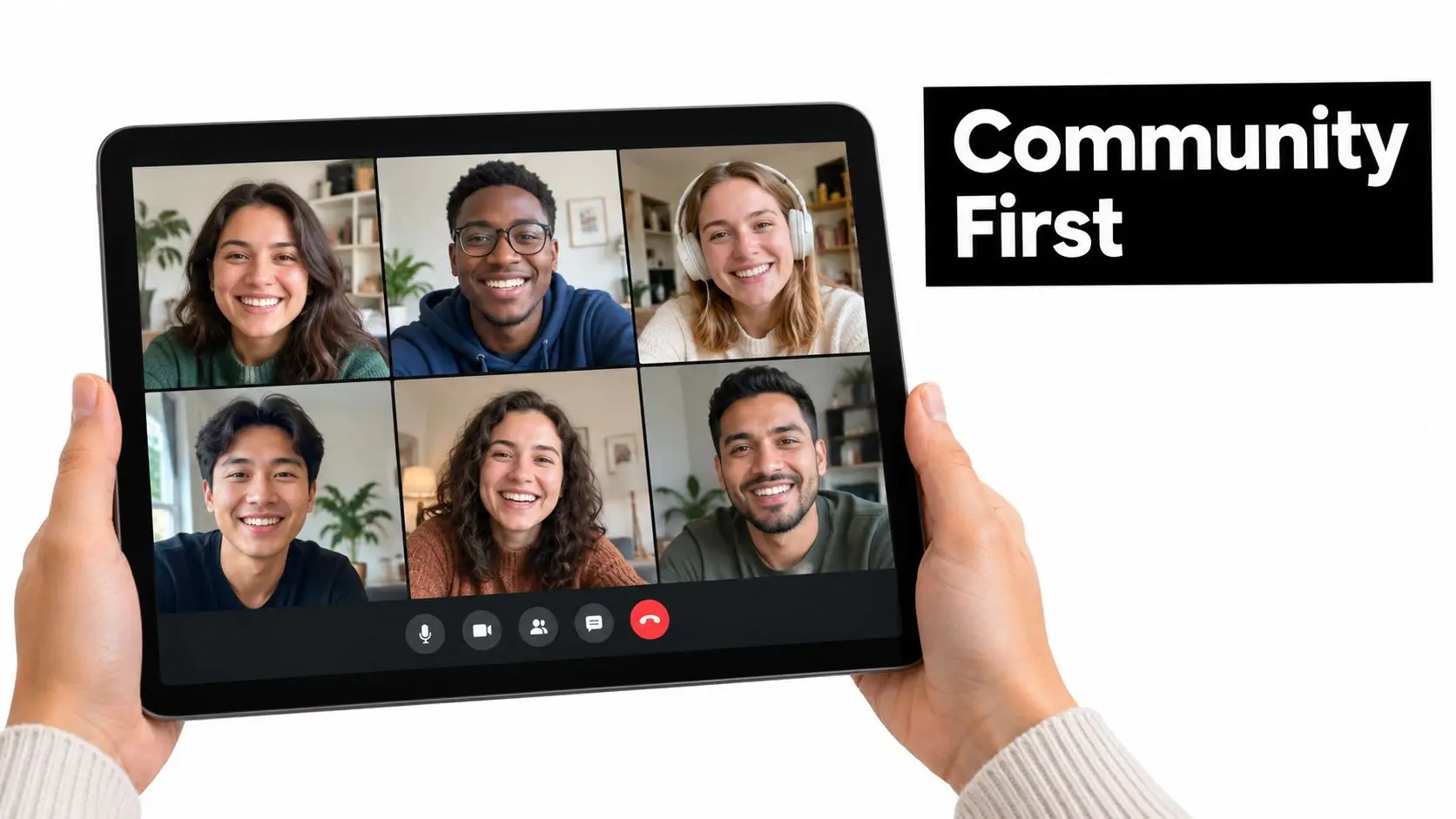 A person holding a tablet displaying a group of diverse students in an online video call.