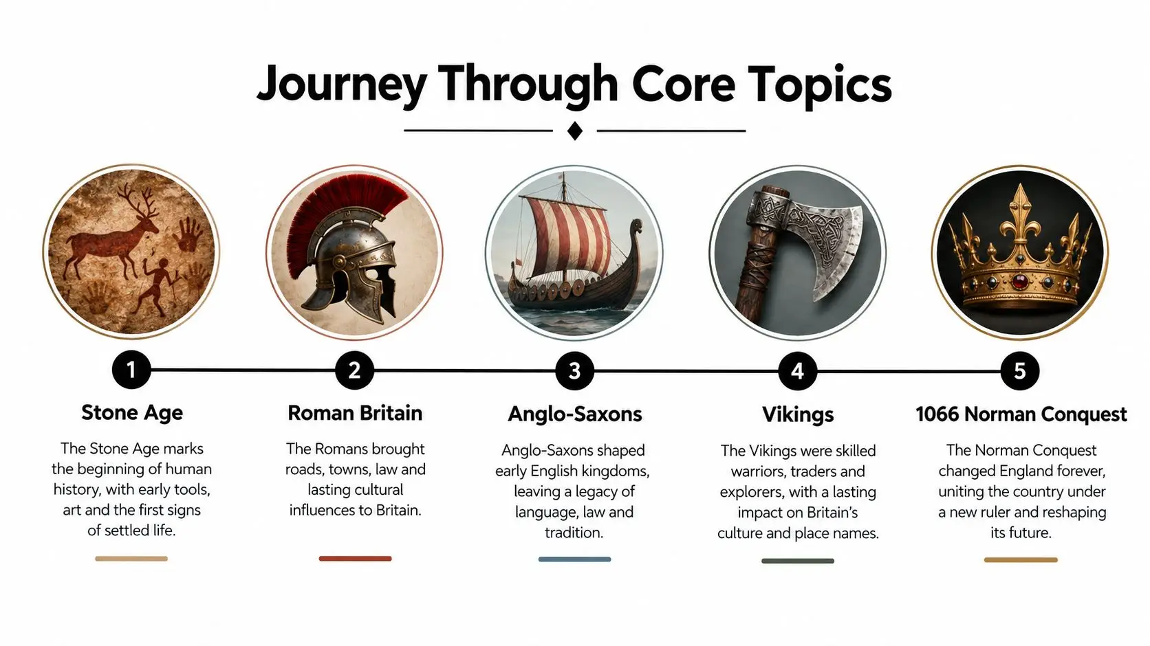 An educational infographic timeline showing five key stages in British history from the Stone Age to 1066.