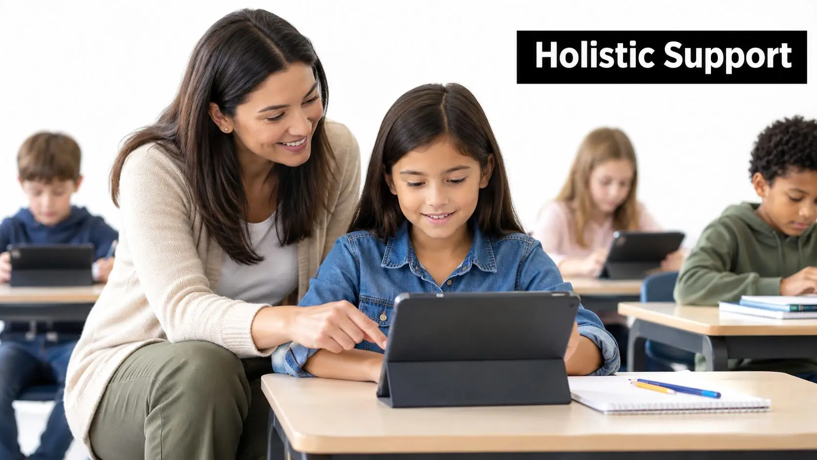 A smiling teacher helps a young student with her digital tablet in a bright, modern classroom setting.