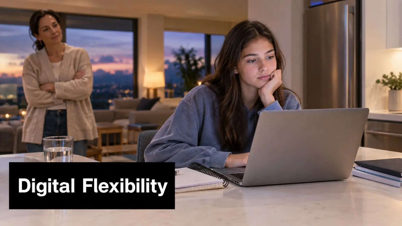 A teenager looking tired while studying on a laptop at a kitchen island with her mother watching.