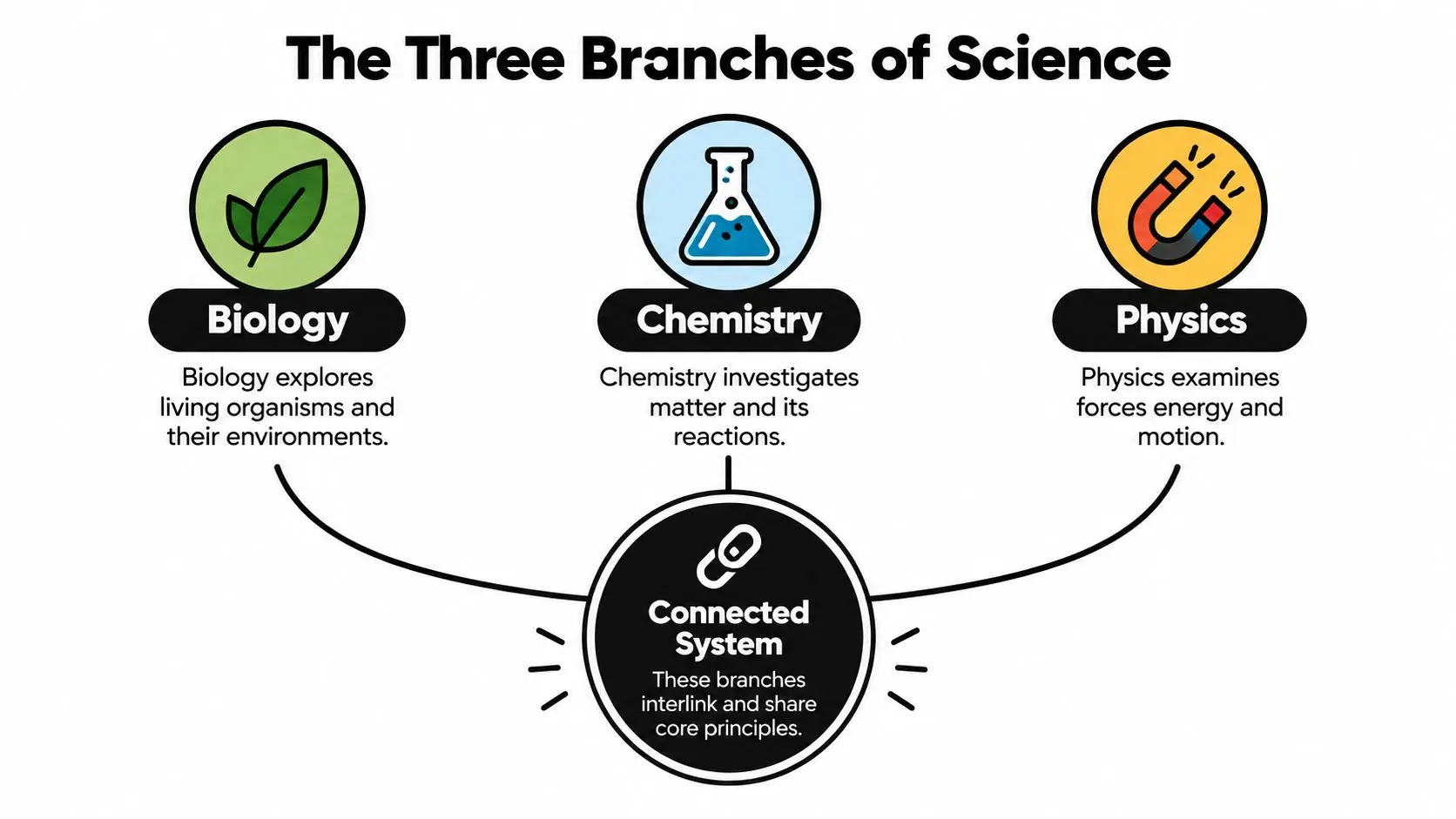 A diagram illustrating the three branches of science: biology, chemistry, and physics, linked as a connected system.