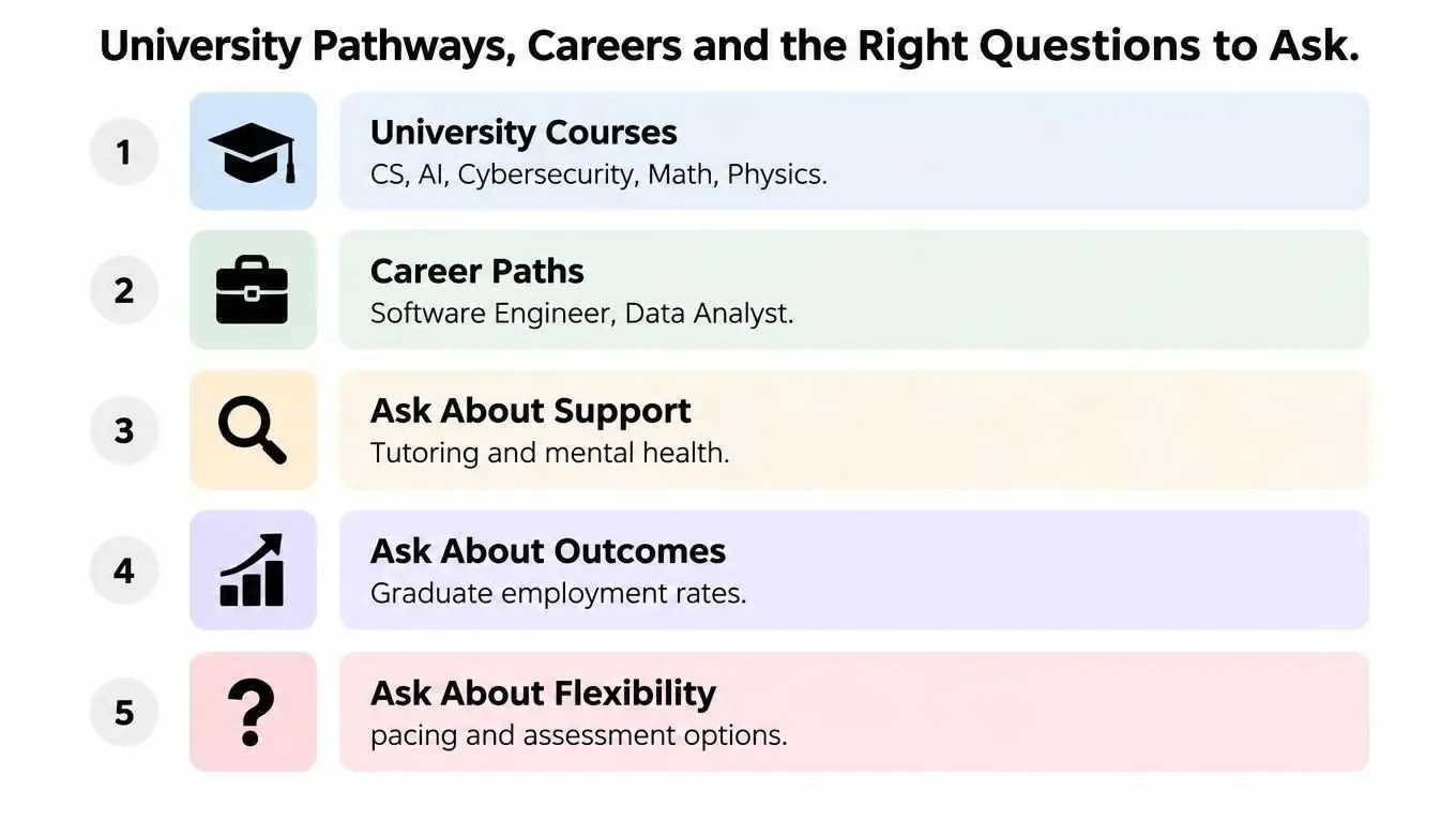 A numbered infographic titled University Pathways, Careers and the Right Questions to Ask in five steps.