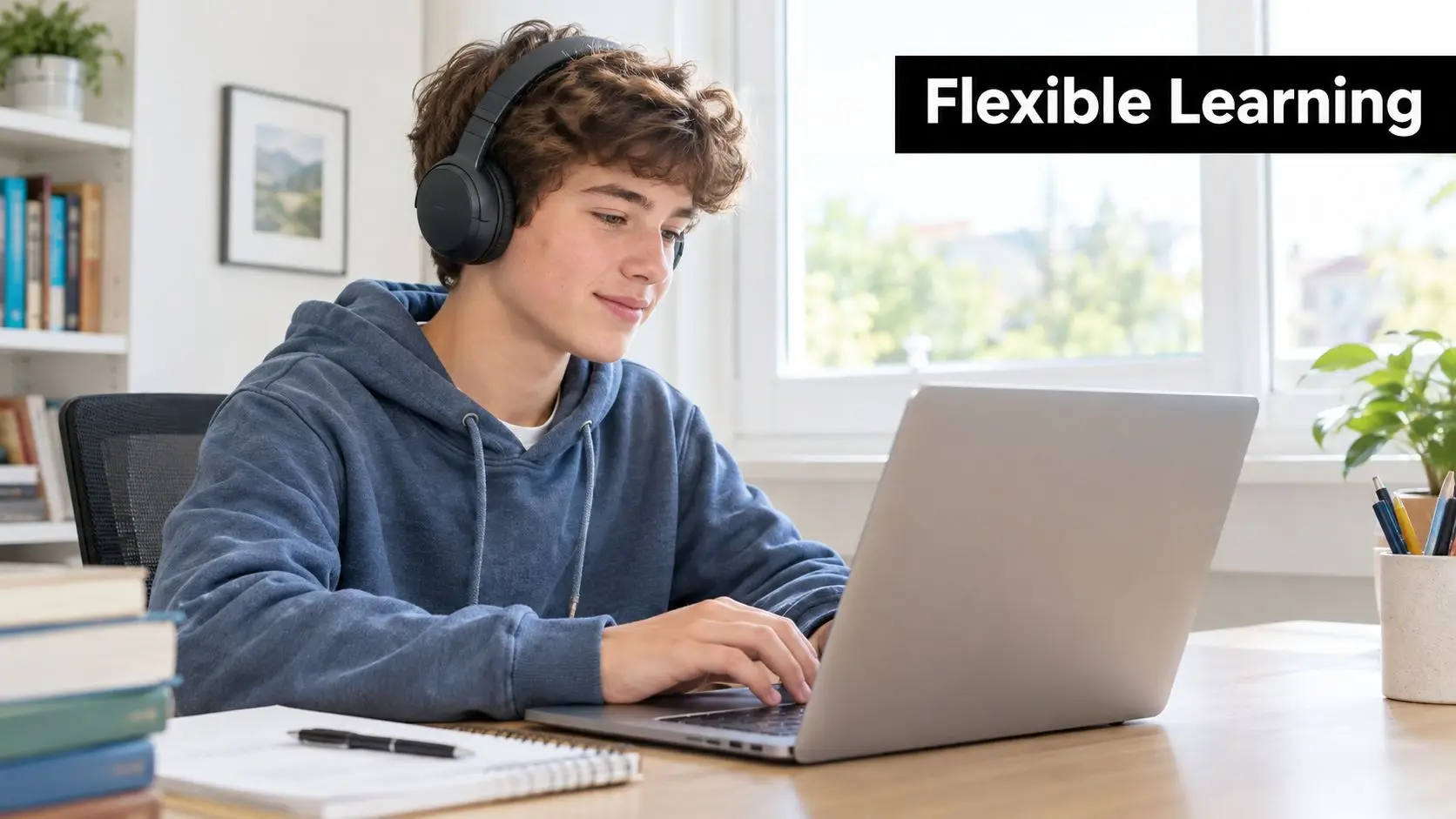 A young student wearing headphones while typing on a laptop for online A-Level French studies.