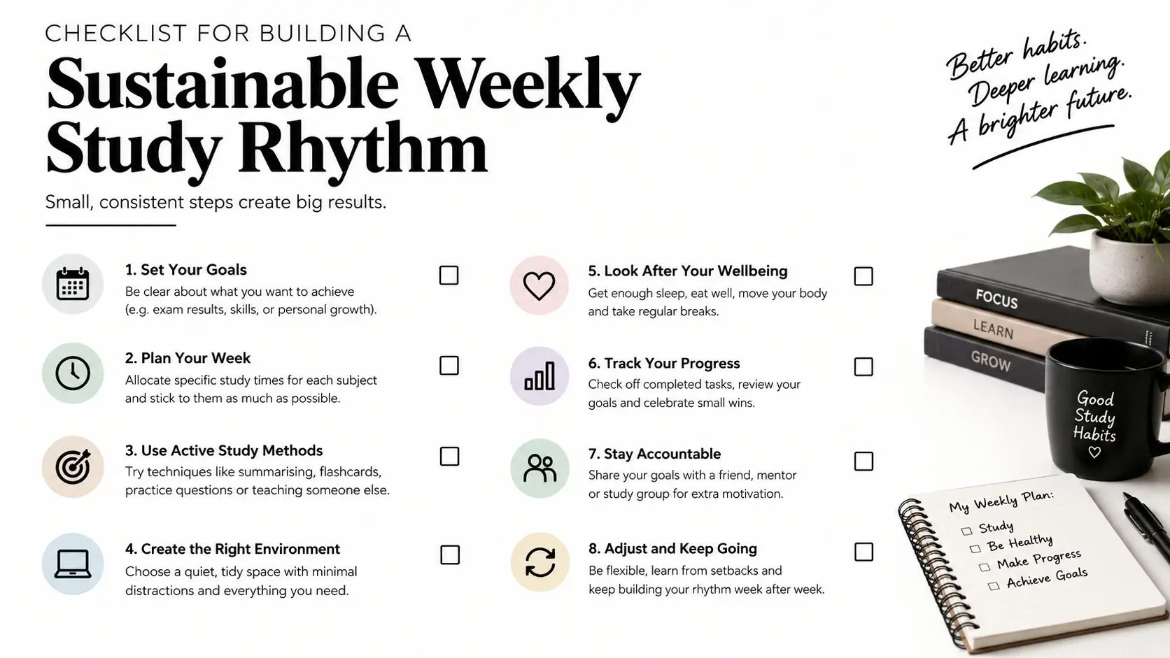 A checklist for building a sustainable weekly study rhythm featuring eight tips for effective learning and habits.