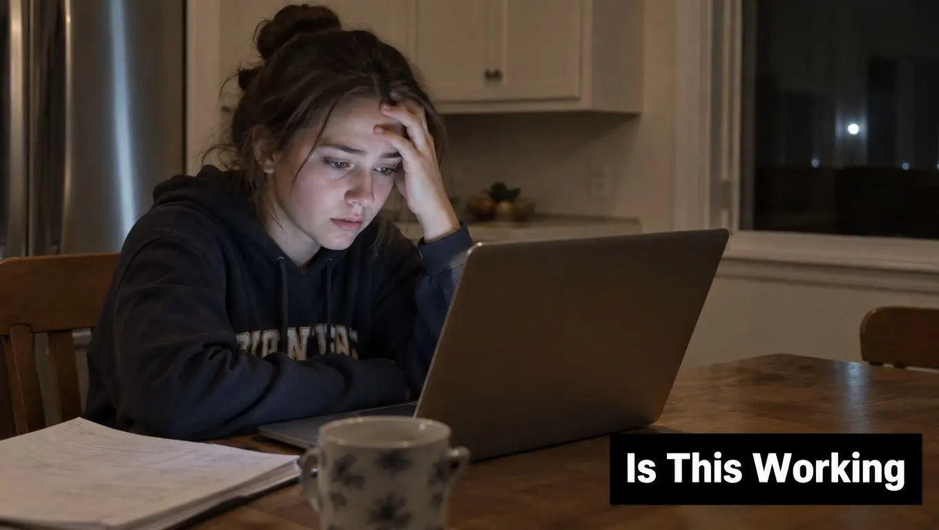 A tired teenage student sitting at a table looking stressed while studying on a laptop at night.