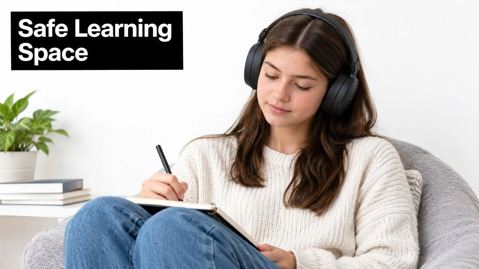 A focused teenage girl wearing headphones writes in a notebook while sitting in a comfortable beanbag chair.