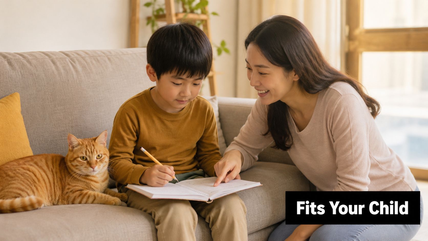 A smiling mother helps her young son with his schoolwork while their cat sits on the sofa.