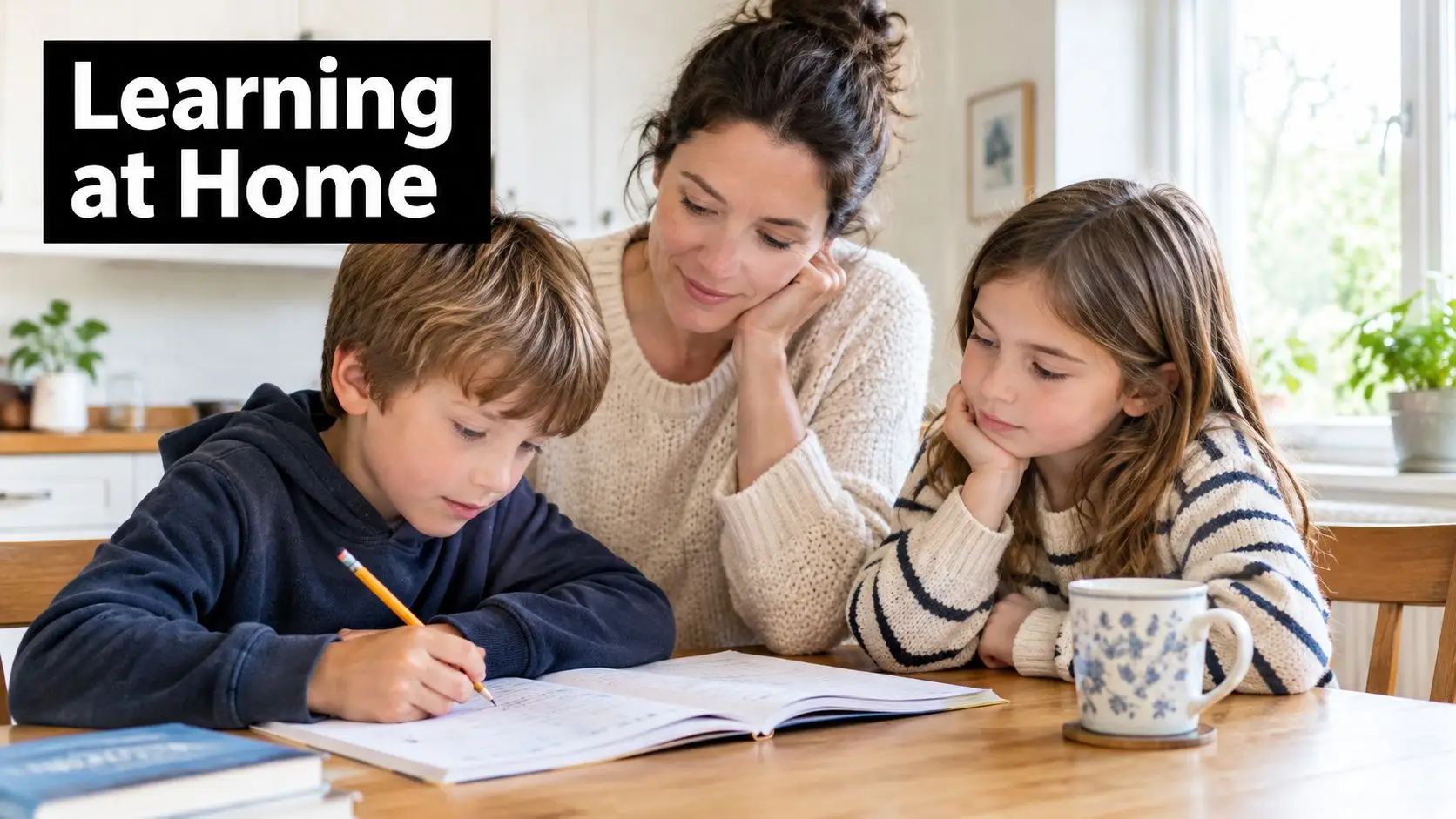 A mother sitting at a wooden table helping her two children with their schoolwork at home.