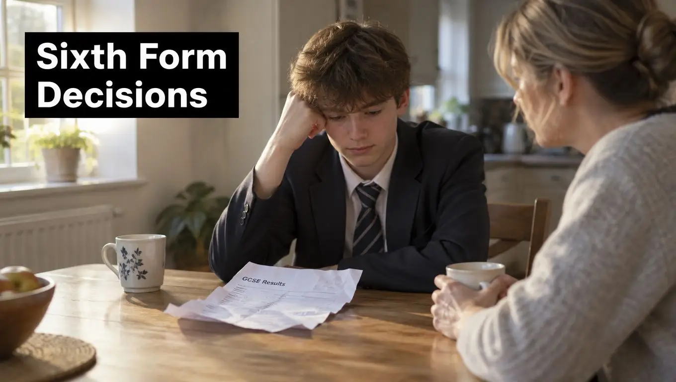 A teenage boy in a school uniform looks distressed while discussing his GCSE exam results with a parent.
