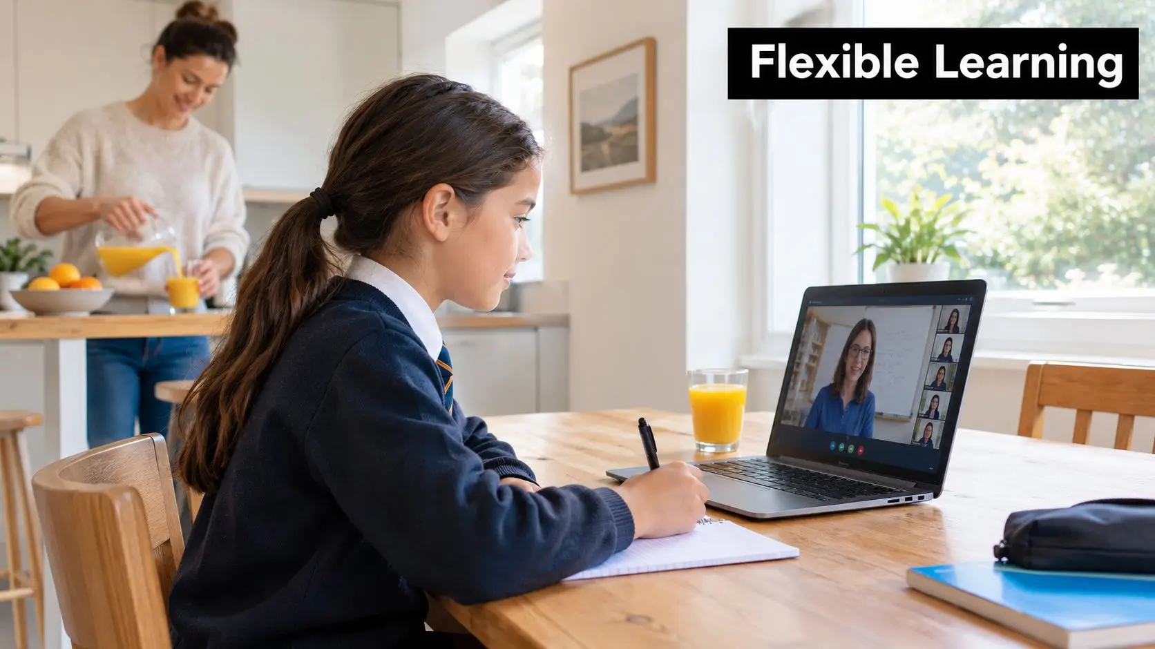 A young girl in a school uniform participates in an online video class at home.